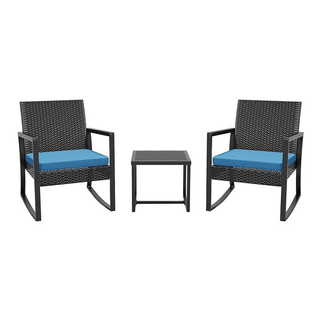 ELEGIBLISS 3 Pieces Outdoor Patio Set -Wicker Rattan Chair Conversation Set with Glass Table for Poolside Yard Rocking Chair Set for Bistro Garden Front Porch All Weather Patio Furniture Set