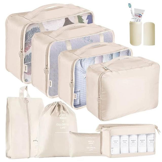 Packing Cubes - 9 PCS Travel Luggage Organizers Set Waterproof Suitcase Organizer Bags Travel Essentials Clothes Shoes Cosmetics Toiletries Storage Bags (Beige)
