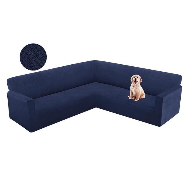 HDCAXKJ Corner Sectional Couch Cover Stretch L Shape Sofa Cover Thick Jacquard Sofa Slipcover Non Slip U Shaped Couch Cover for Sectional Sofa Pets Living Room Furniture Protector (Navy, X-Large)