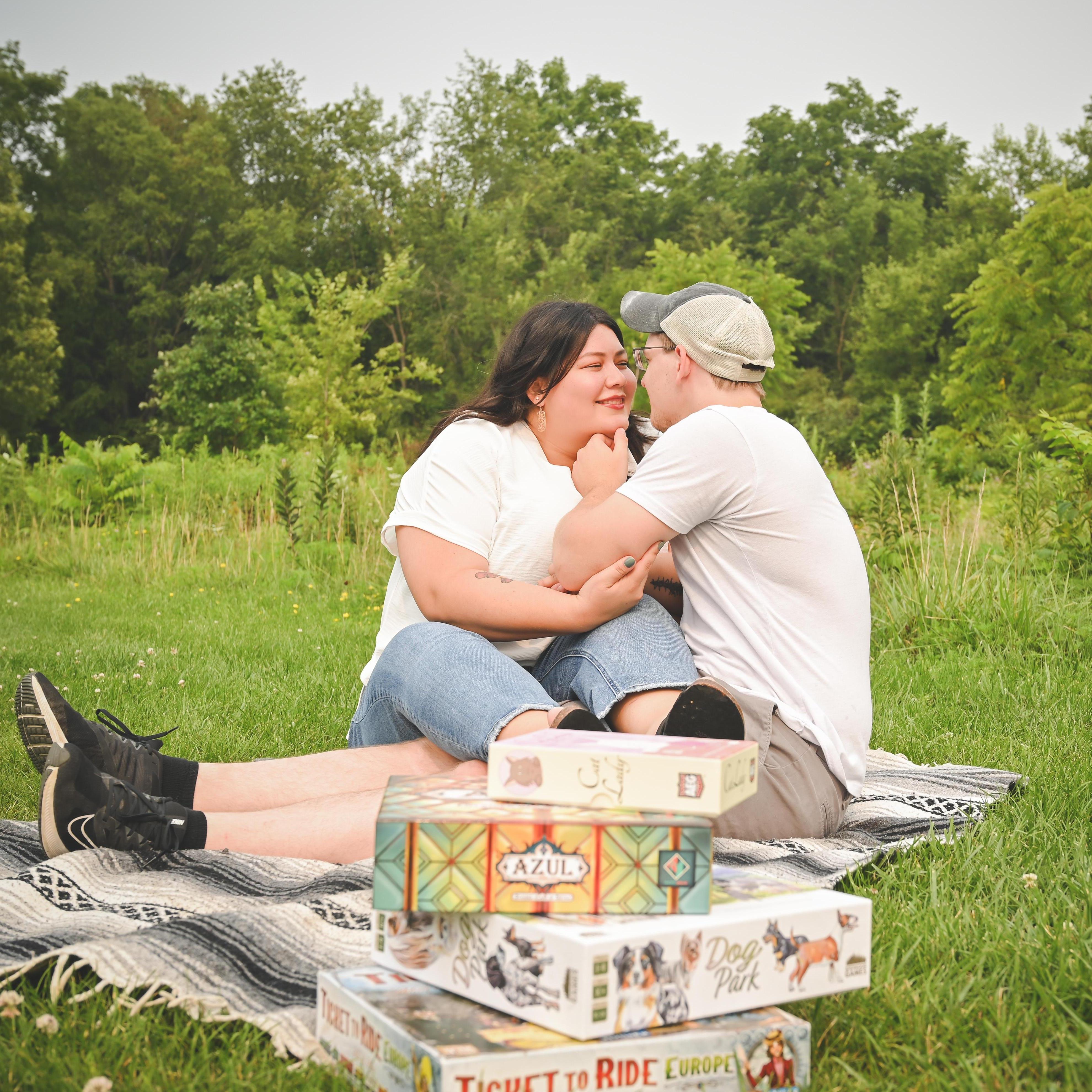 Engagement photo shoot. We enjoy playing boardgames together on the weekend, with friends and with family.