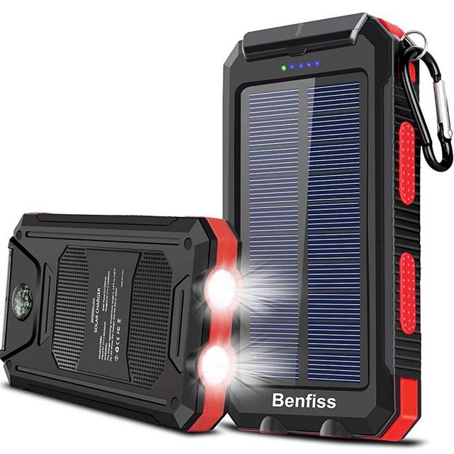 Solar Charger 20000mAh, BENFISS Ultra-Portable Durable Solar Power Bank with 2 USB Output 2 LED Flashlight and Compass, Waterproof Solar Battery Pack for Outdoor Activities/Emergency (Red)