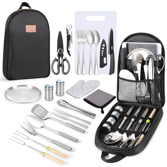 Portable Camping Kitchen Utensil Set-27 Piece Cookware Kit, Stainless Steel Outdoor Cooking and Grilling Utensil Organizer Travel Set Perfect for Travel, Picnics, RVs, Camping, BBQs, Parties and More