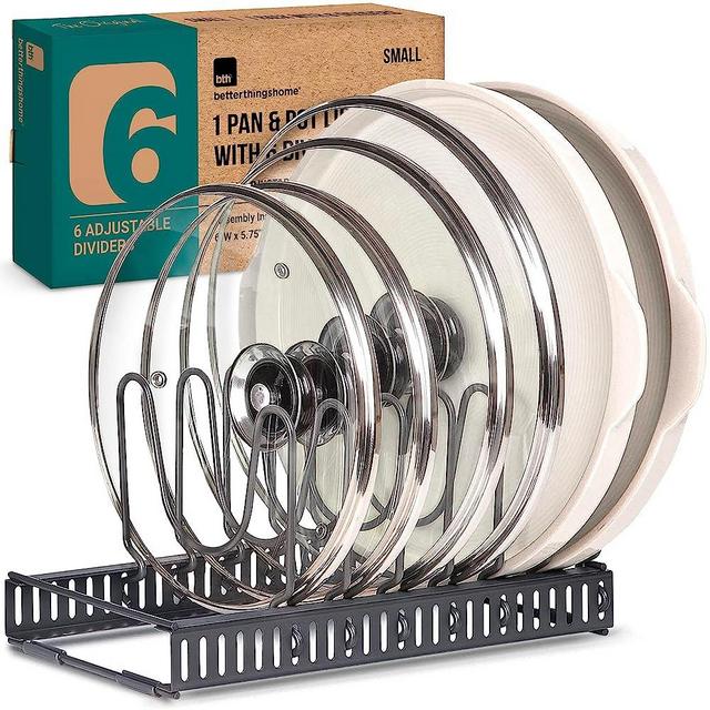 Better Things Home Pot Lid Organizer for Cabinet with 6 Adjustable Dividers - Anti-Scratch Padding - Bakeware, Cookware – Perfect for Kitchen Organization (Dark Grey)