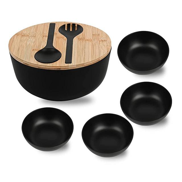 LOVYANXUE Bamboo Salad Bowl with Lid, 9.8Inches Large Salad Bowl with Lid Spoon Fork, Salad Mixing Bowls and 4 Small Bowls, Salad Serving Bowl Set for Salad, Fruits, Vegetables