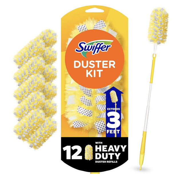 Swiffer Duster Kit with 3 ft Extendable Handle, Dusters for Cleaning, Set Includes 1 Extension Pole and 12 Heavy Duty Dusting Refills Dust Cleaner, Long Extended Wand for Ceiling Fans and Walls