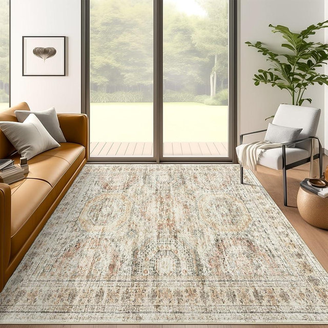 Soalmost 5x7 Area Rugs Brown Pink Low Pile Indoor Washable Trendy Faded Style Rugs for Bedroom Living Room Dining Room Foldable Non-Slip Thin Print Mat
