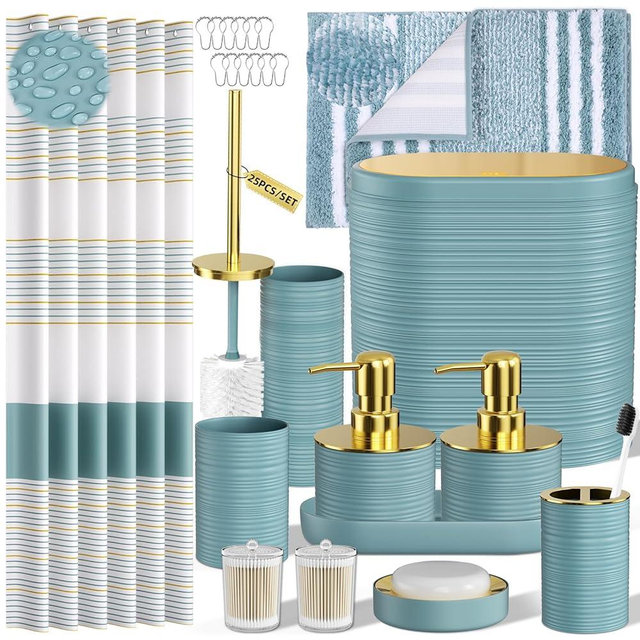 InnJoey Bathroom Set - Bathroom Sets with Shower Curtain and Rugs, 25PC Bathroom Accessory Set, Light Blue Bathroom Accessories Set with Trash Can, Soap Dispensers