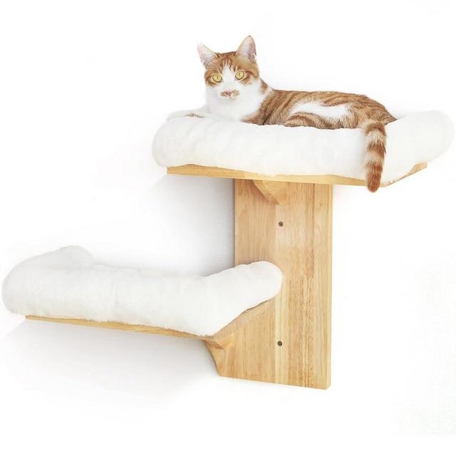 FUKUMARU Cat Wall Shelves, 2 Platform Cats Walls Furniture, Tree Shape Kitten Floating Shelf with Soft Cushion Perch, Solid Rubber Wood for 16 Inch Drywall, Suitable for Climb, Play, Nap