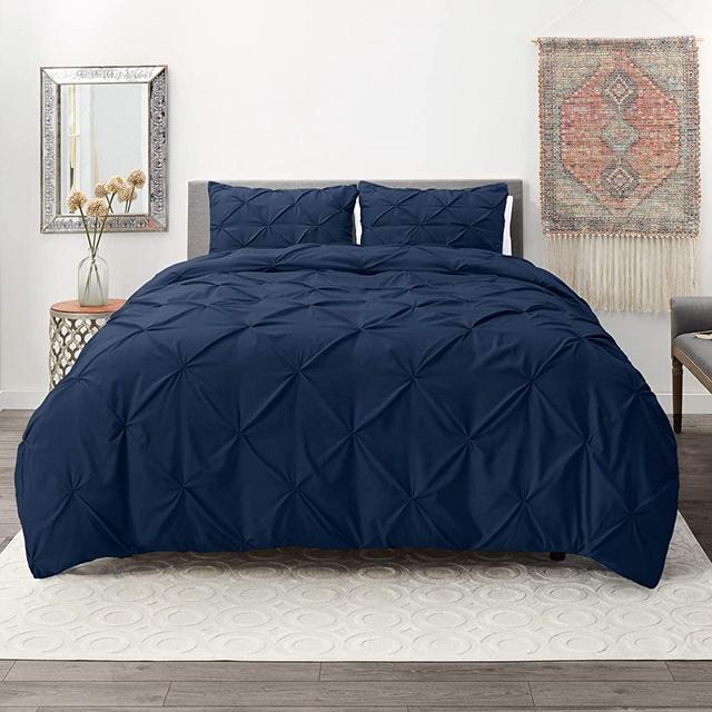 Nestl Bedding 3 Piece Pinch Pleat Duvet Cover Set | Navy Duvet Cover with 2 Pillow Shams |Microfiber Queen Duvet Cover Set