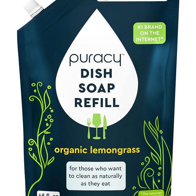 Puracy Natural Dish Soap Refill - Skin-Softening Plant-Based Liquid Dishwashing Detergent Soap, Clean-Rinsing Water-Sheeting Formula (Organic Lemongrass, 48 fl oz)