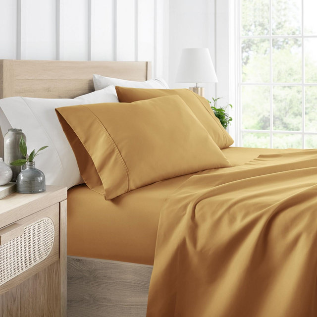 4 Piece Bed Sheet Set Solid Double Brushed Microfiber, Ultra Soft, Deep Pocket - Becky Cameron, Gold, King