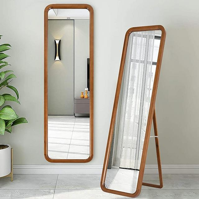 MYSELFLY Floor Mirror 63"×18" Full Length Wood Framed with Stand Beech Rounded Corner Retro, Free Standing or Wall Mounted, (Explosion-Proof Glass) for Bedroom Room Dress Make up Fitting Room Cherry
