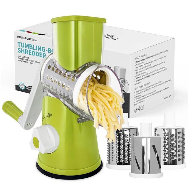 X Home Rotary Cheese Grater, Handheld Vegetables Slicer Cheese Shredder with Rubber Suction Base, 3 Stainless Drum Blades Included, Green