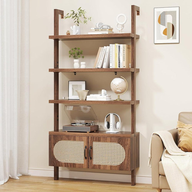 iabifo 72" Tall Ladder Bookshelf, 5 Tier Book Shelf, Wall Mount Bookshelves and Bookcases with Wood Board, Bookcase with Storage Cabinet for Living Room, Home Office, Bedroom