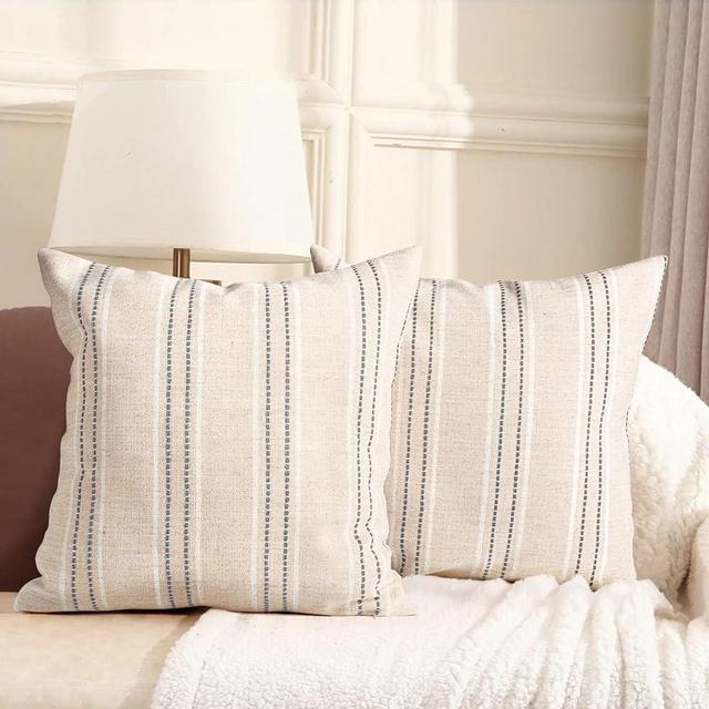 AELS 20x20 Decorative Farmhouse Linen Throw Pillow Covers, Boho Textured Pillow Case, Set of 2, Beige with White & Gray Stitch Yarn Dyed Stripe Cushion Cover for Sofa Couch Living Room (Cover ONLY)