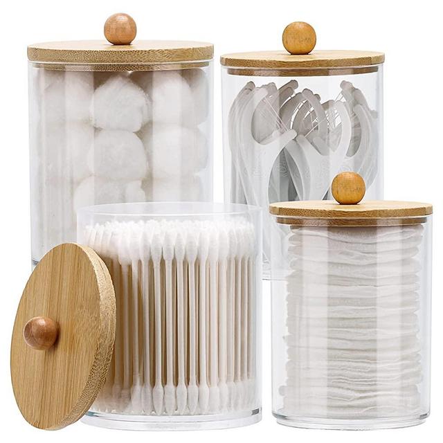 Tbestmax 4 Pack Qtip Holder Dispenser Cotton Ball, Cotton Swab, Floss - 10 oz, 12 oz Clear Plastic Apothecary Jars for Bathroom Organizer and Storage Containers (Bamboo Lids)
