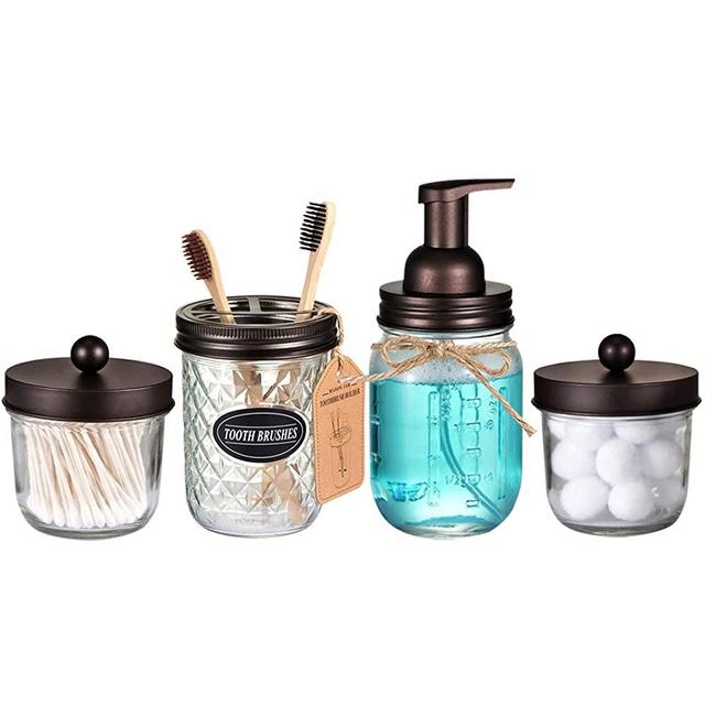 Mason Jar Bathroom Accessories Set(4 Pack) - Foaming Soap Dispenser&Qtip Holder Set&Toothbrush Holder-Rustic Farmhouse Decor Bathroom Organizer Apothecary Jar Country Countertop (Bronze)