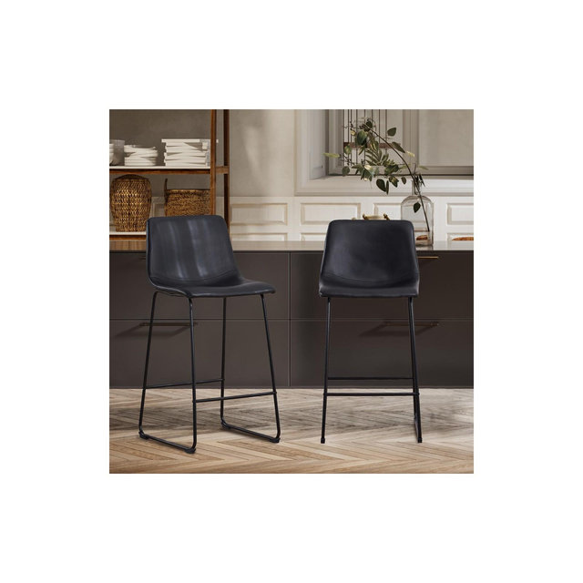 FERPIT Modern Faux Leather Counter Bar Stools Upholstered with Metal Frame 2 Pack, Black, 30"