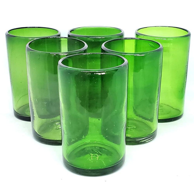MexHandcraft Solid Emerald Green 14 oz Drinking Glasses (set of 6), Recycled Glass, Lead-free, Toxin-Free (14oz Drinking)