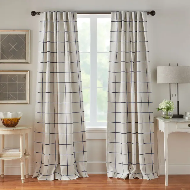 Brighton Windowpane Plaid Lined Room Darkening Single Window Curtain Panel - 52" x 84" - Indigo - Elrene Home Fashions