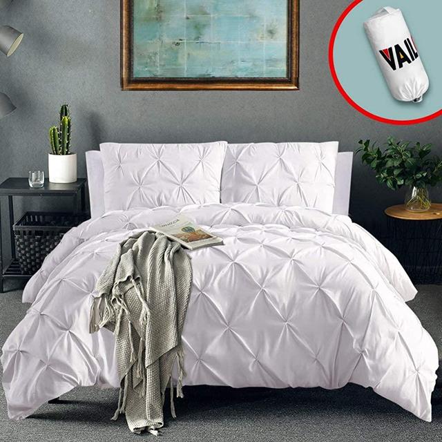 Vailge 3 Piece Pinch Pleated Duvet Cover with Zipper Closure, 100% 120gsm Microfiber Pintuck Duvet Cover, Luxurious & Hypoallergenic Pintuck Decorative(White, Queen)