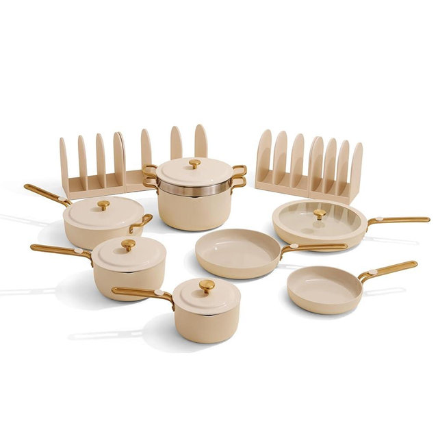 Our Place 17-Piece Essentials Complete Cookware Set - Ceramic Fry Pans, Saucepans, Sauté Pan, Stock Pot, Strainer Basket & Modular Storage | Thermakind™ Nonstick, Oven Safe up to 450°F | Cream