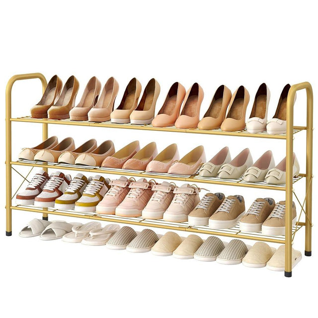 Hoctieon 3 Tier Durable Mesh Style Shoe Rack, Entryway Shoe Shelf, Shoe Rack Free Standing, Shoe Storage Organizer, Shoe Rack for Closet, Gold
