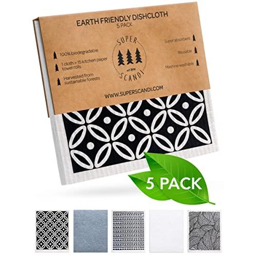 SUPERSCANDI Swedish Dishcloths Eco Friendly Reusable Sustainable Biodegradable Cellulose Sponge Cleaning Cloths for Kitchen Dish Rags Washing Wipes Paper Towel Replacement (5 Pack Scandi Prints)