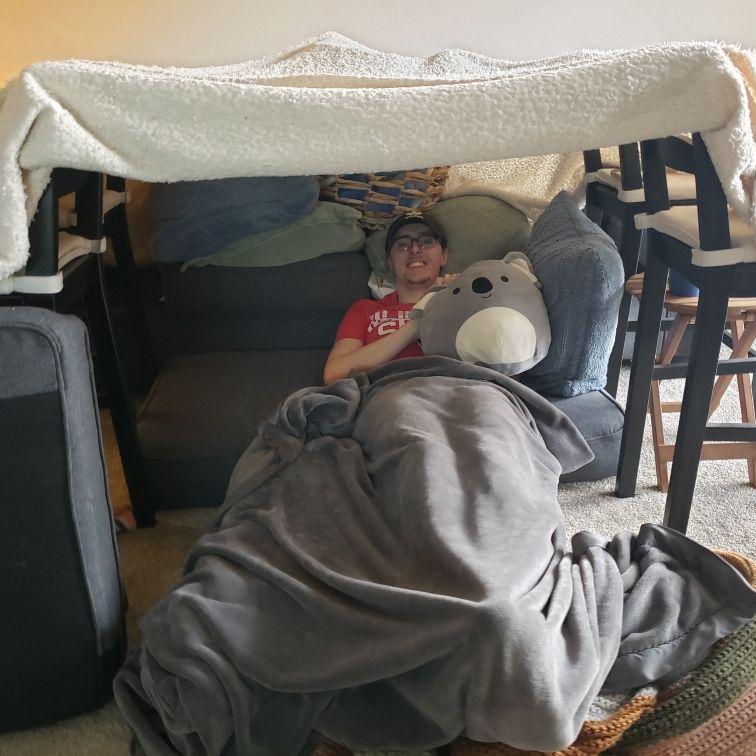 Living room blanket fort while both quarantining with covid - Winter 2022
