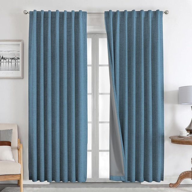 Joydeco Natural Linen Curtains 84 inch Length 2 Panels Set Burg 100% Blackout Long Drapes for Bedroom Living Room Black Out Darkening Curtain Thermal Insulated Back tab Rod Pocket(52x84 inch,Sky Blue)