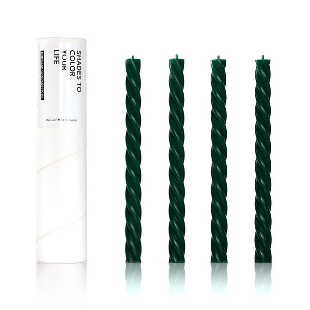 Homeology 10" Candle Sticks, Twisted Taper Candles, Pine Green, 4-Pack, Unscented