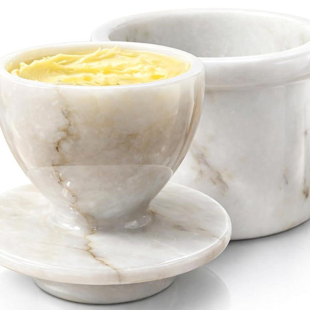 Marble butter keeper 4" inches, French butter crock, Butter keepers to leave on counter, Butter crock with lid for countertop, French butter dish (White)