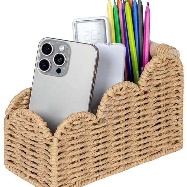 CubesLand Bedside Table Desk Organizer Caddy, Remote Pen&Pencil Holder Cup, Makeup Brush Holder w/Scalloped Perfect for Home, Office Desk, Living Room Table Decor, 3 Slots Beige