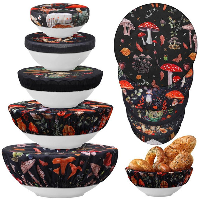 Patelai 10 Pcs Bowl Covers Reusable in 5 Size Stretch Cloth Fabric Elastic Food Storage Bowl Covers Bread Sourdough Lids for Proofing Food Fruits Leftover(Deep Color,Mushroom Style)
