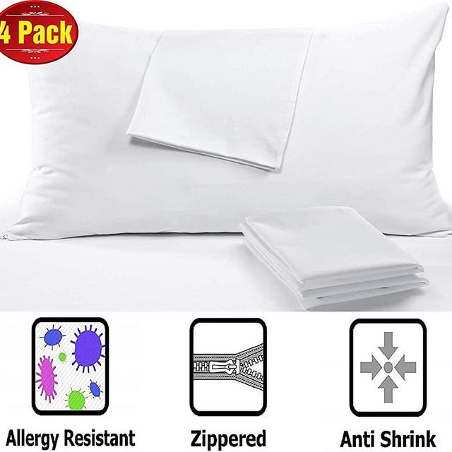 Anti Allergy 4 Pack Pillow Protectors Queen 20 x 30" High 450 Thread Count Style Life Time Replacement Premium Sateen Tight Weave 3-4 Micron Pore Size Lab Tested Non Noisy Zipper Covers Breathable