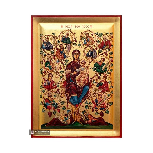 Tree of Jesse Handcrafted Icon with GOLD LEAVES background in a Recessed Natural Wood - CASE - Mounting Point & Stand - Gift Ready!