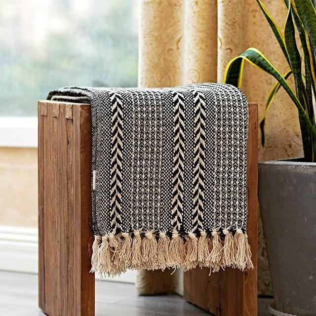 MOTINI 100% Cotton Decorative Blankets Cozy Black and Beige Throw Blankets, Hand-Knitted Striped with Tassel for Sofa, Couch, 50 x 60 inch