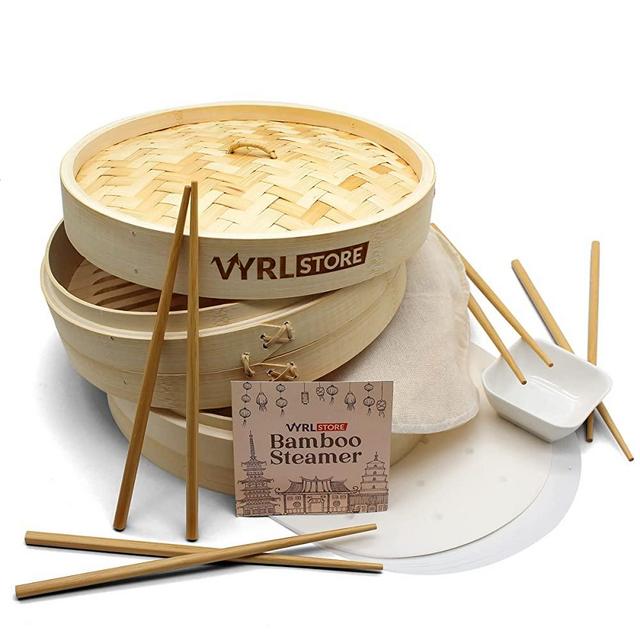 VYRL Store Bamboo Steamer 10 inch – Premium 2-Tier Bamboo Dumpling Steamer with 4 Pairs Chopsticks, Sauce Dish, Liners – Ideal for Rice, Dim Sum, Veggies, Fish, Meat and More