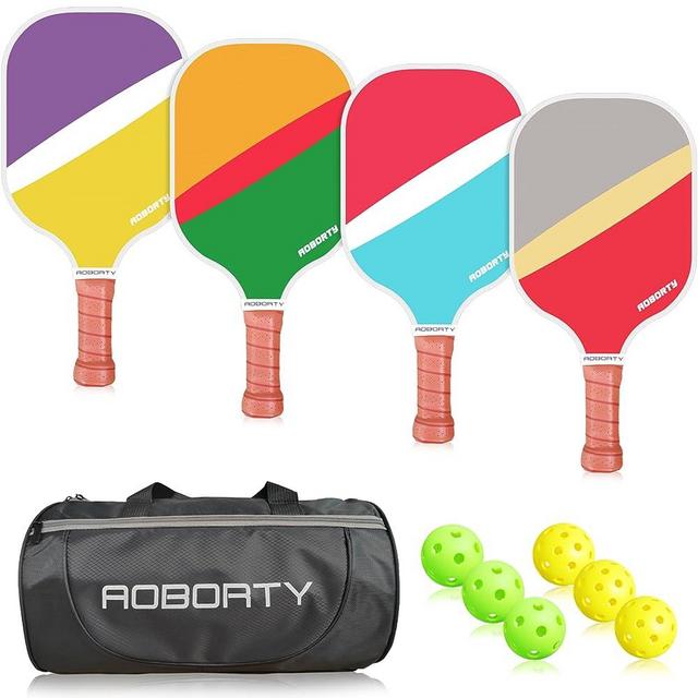 AOBORTY Pickleball Paddles 4 Pack - Light Graphite Premium Rackets Fiber Face & Polymer Honeycomb Core Pickleball Set with 6 Outdoor Indoor Balls Including Portable Carry Bag,4 Replacement Soft Grip