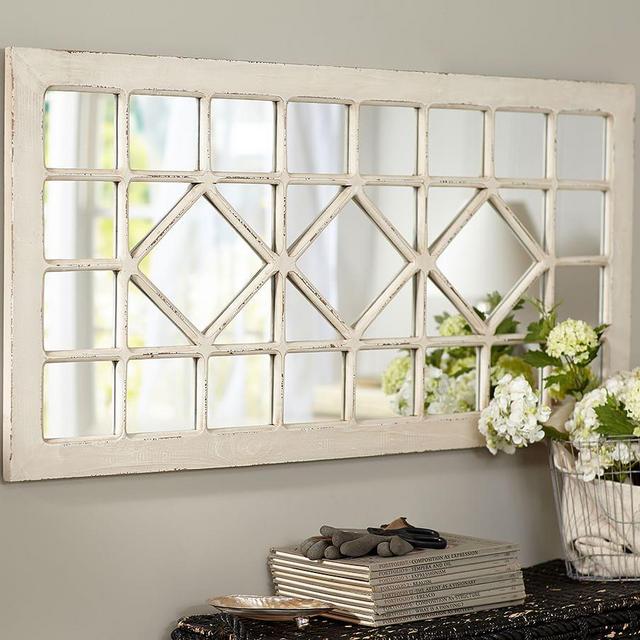 Trellis Wood Rectangular Mirror, Ivory
