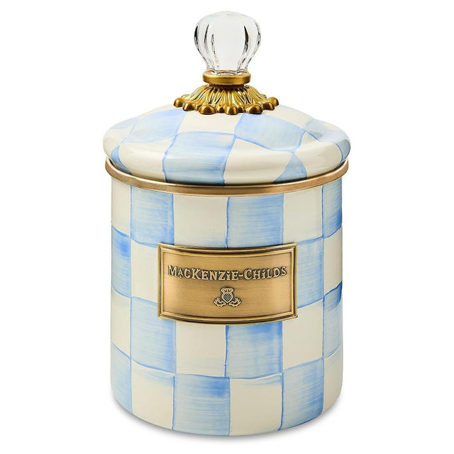 MACKENZIE-CHILDS Enamel Canister, Kitchen Storage Container with Lid, Small, 38-Ounce Capacity, Light-Blue-and-White Sky Check