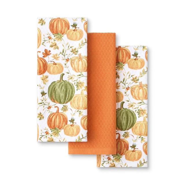 Martha Stewart Autumn Harvest Pumpkins Kitchen Towel 3-Pack Set, 100% Cotton with Absorbent Terrycloth, Decorative Kitchen Towels, Orange/Green/Ivory, 16"x28"
