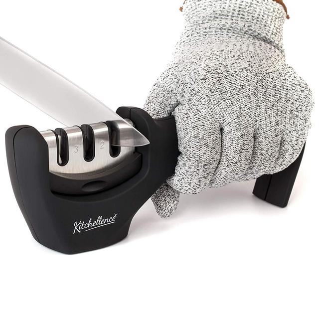 Kitchellence - Kitchen Knife Sharpener - 3-Stage Knife Sharpening Tool Helps Repair, Restore and Polish Blades - Cut-Resistant Glove Included (Black)