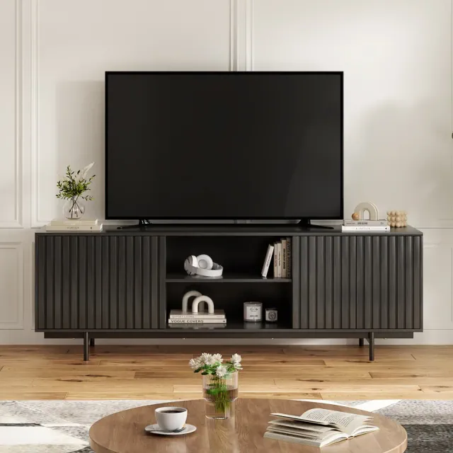 GDFStudio Callen 63" Wood TV Stand with Pop-Up Doors,Black