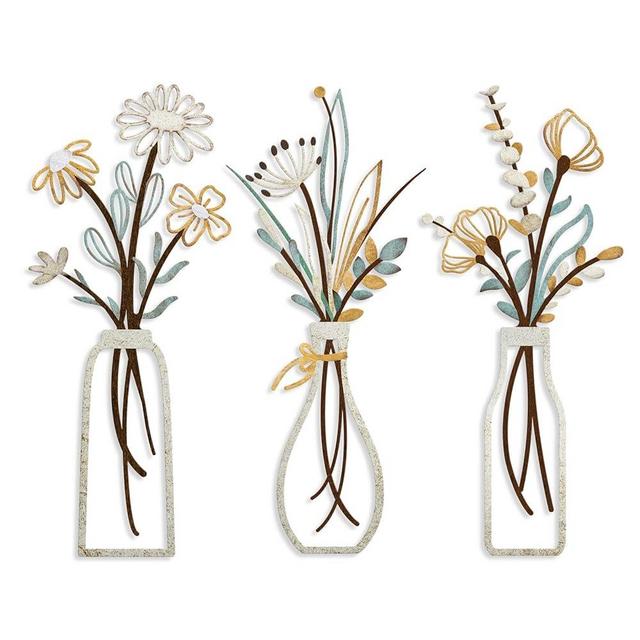 3 Pieces Metal Vase Flowers Wall Arts - Rustic Farmhouse Style Décor Metal Wall Art Black Minimalist Flower Natural Themed Wall Decors for Home Bedroom Dining Room Housewarming (Beige Gold, Vase-C)