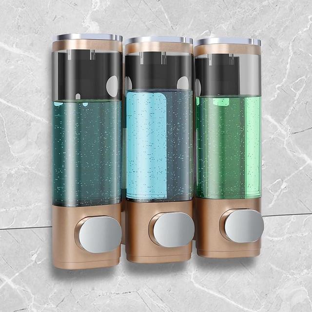 3 Chamber Shampoo Soap Dispenser for Shower Wall Mounted and Conditioner Dispenser No Drill,Perfect for Bathroom, Kitchen,Hotel…Gold