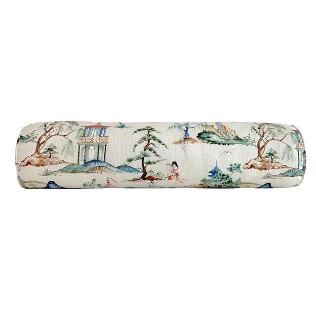 Chinoiserie Pillow Okayama Flax Bolster Pillow Cover - Chinoiserie Lumbar Pillow, Throw, Euro Sham Cover - Handmade Decorative Pillow Covers