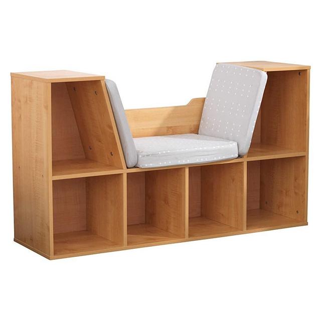 KidKraft Wooden Bookcase with Reading Nook, Storage and Gray Cushion - Natural, Gift for Ages 3-8