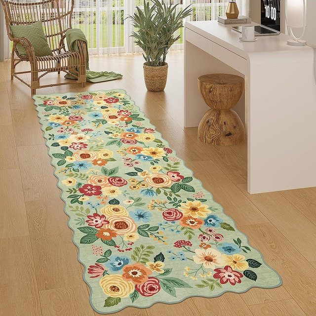 DUKINO 2x6 Runner Rug for Hallway, Washable Kitchen Rug with Non Slip Backing & Non-Shediing, Soft Low Pile Floral Design Runner for Bedroom, Kithchen, Living Room, Laundry, Bathroom, Green