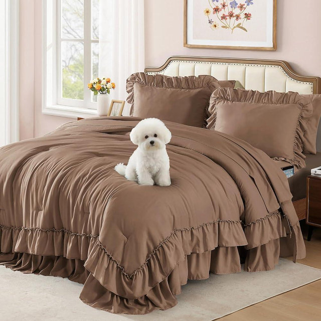 AMBERSPACE Queen Comforter Set Amber Brown, Ruffle Shabby Chic Bedding Set Farmhouse 7 Pieces, All Season Fluffy Bed in a Bag with Sheets, Pillowcases & Shams